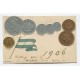 PATRIOTICA ANTIGUA TARJETA POSTAL CON RELIEVE MONEDAS NACIONALES